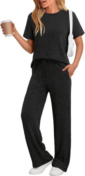LILLUSORY 2 Piece Lounge Sets for Women Matching Summer Outfits Casual Ribbed Knit Pajamas Wide Leg Pants Trendy Clothes 2025