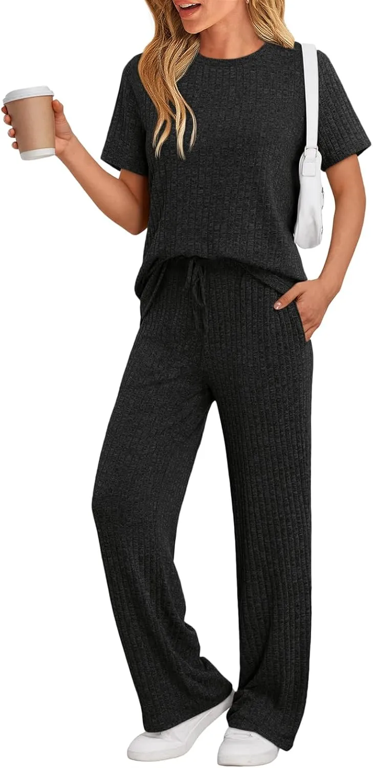 LILLUSORY 2 Piece Lounge Sets for Women Matching Summer Outfits Casual Ribbed Knit Pajamas Wide Leg Pants Trendy Clothes 2025