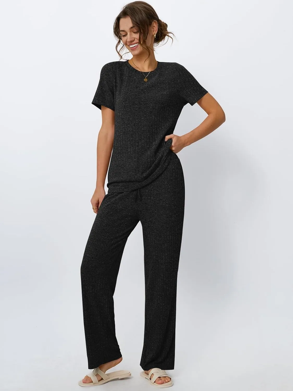 LILLUSORY 2 Piece Lounge Sets for Women Matching Summer Outfits Casual Ribbed Knit Pajamas Wide Leg Pants Trendy Clothes 2025