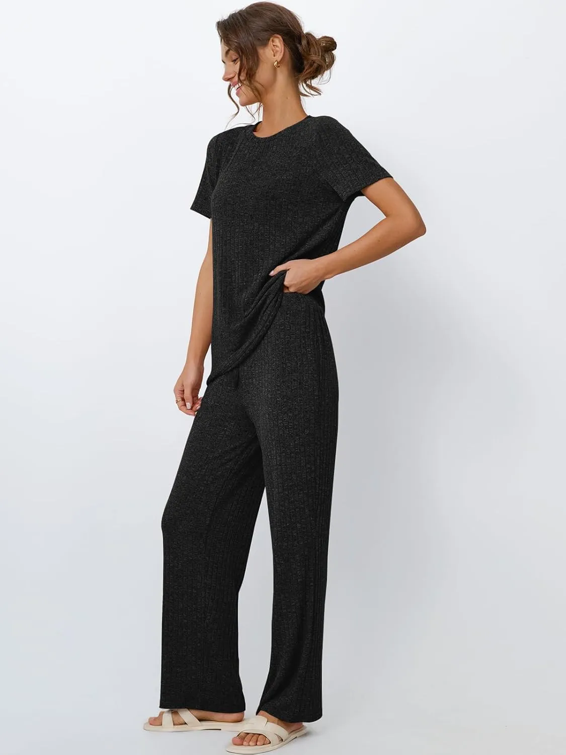 LILLUSORY 2 Piece Lounge Sets for Women Matching Summer Outfits Casual Ribbed Knit Pajamas Wide Leg Pants Trendy Clothes 2025