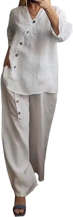 Linen Outfits for Women 2 Piece Set Cotton Linen Pants Suits V Neck Button Long Sleeve Tops Wide Leg Pants