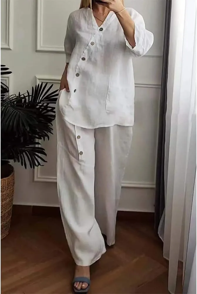 Linen Outfits for Women 2 Piece Set Cotton Linen Pants Suits V Neck Button Long Sleeve Tops Wide Leg Pants