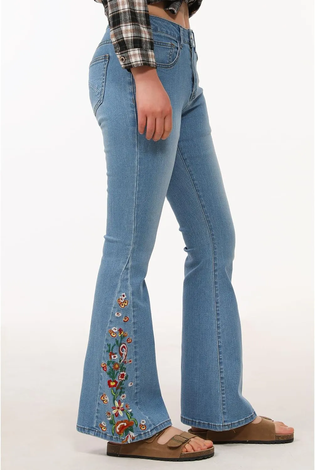 Lisskolo Bell Bottom Jeans for Women Flared Floral Embroidered Jean Wide Leg Denim Pants
