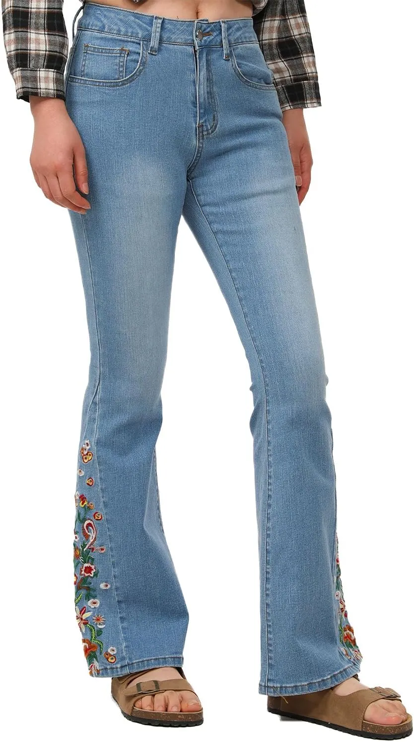 Lisskolo Bell Bottom Jeans for Women Flared Floral Embroidered Jean Wide Leg Denim Pants