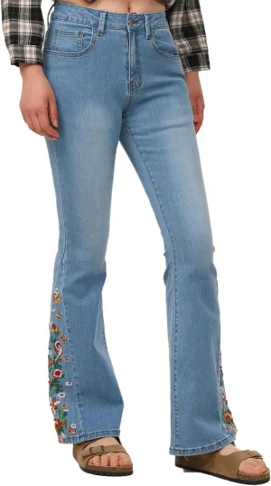 Lisskolo Bell Bottom Jeans for Women Flared Floral Embroidered Jean Wide Leg Denim Pants