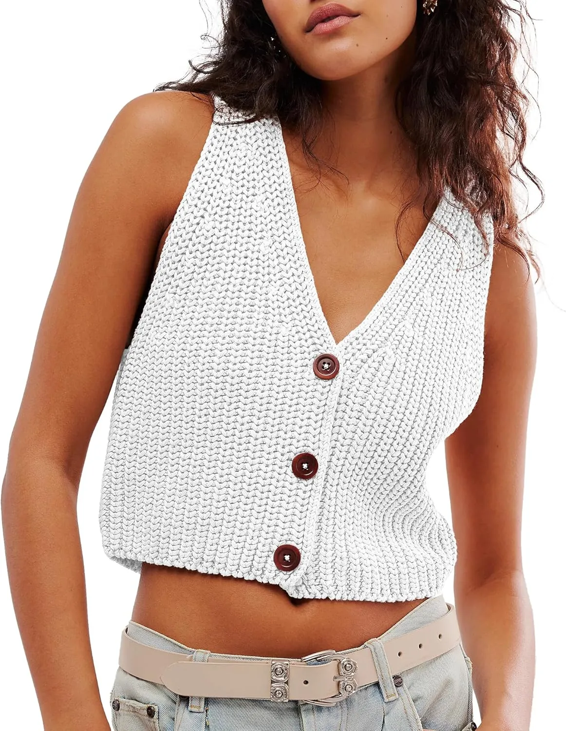Locachy Women's Casual V Neck Knit Sweater Vest Soft Sleeveless Cropped Button Down Cardigan Tank Tops