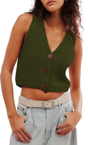 Locachy Women's Casual V Neck Knit Sweater Vest Soft Sleeveless Cropped Button Down Cardigan Tank Tops