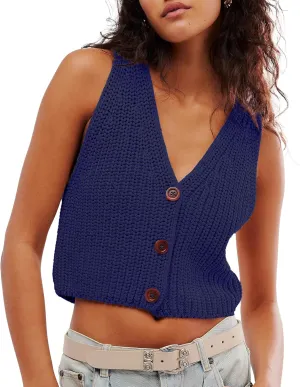 Locachy Women's Casual V Neck Knit Sweater Vest Soft Sleeveless Cropped Button Down Cardigan Tank Tops