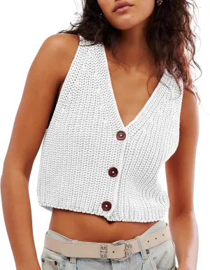 Locachy Women's Casual V Neck Knit Sweater Vest Soft Sleeveless Cropped Button Down Cardigan Tank Tops