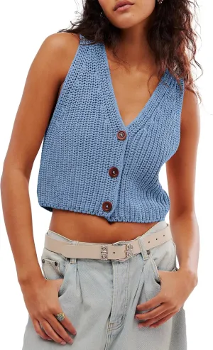 Locachy Women's Casual V Neck Knit Sweater Vest Soft Sleeveless Cropped Button Down Cardigan Tank Tops
