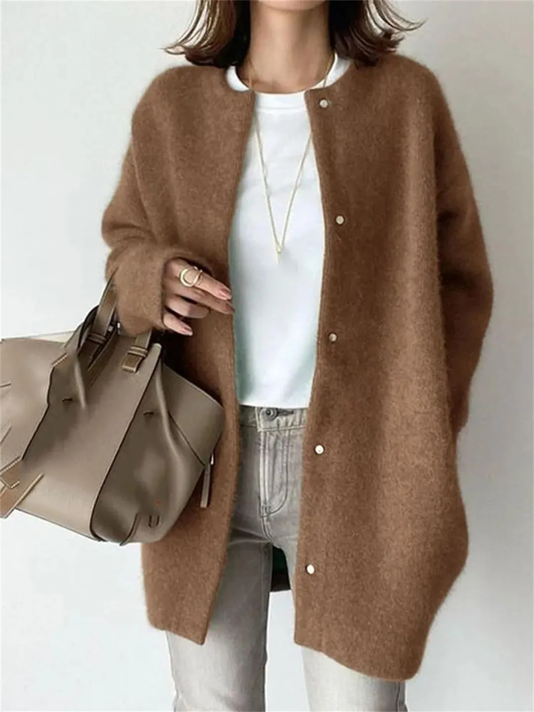 Loose Women Cardigan Autumn Winter Fashion Vintage Long Sleeve O Neck Sweater Casual Solid Knitted Cardigan
