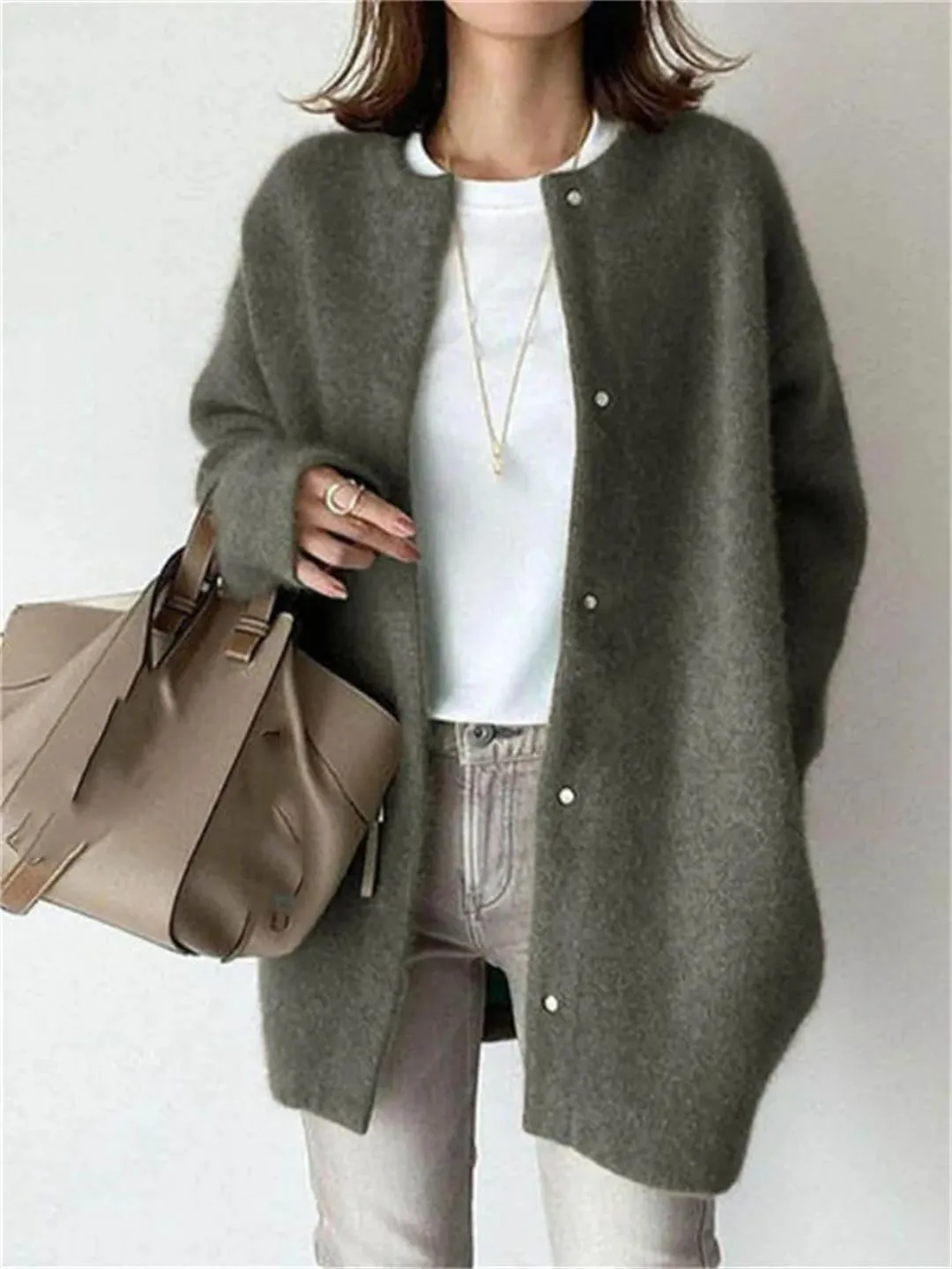 Loose Women Cardigan Autumn Winter Fashion Vintage Long Sleeve O Neck Sweater Casual Solid Knitted Cardigan