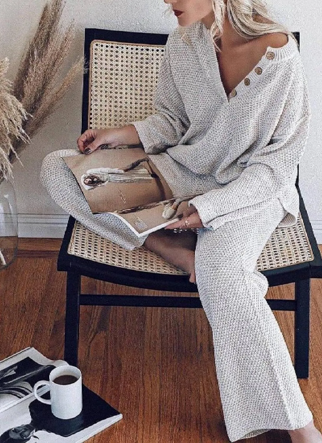 LOZ Women's 2 Piece Outfits Long Sleeve Knitted Sweater Top Wide Leg Pants Lounge Sets Tracksuits 2025 Fall Cozy Outfits