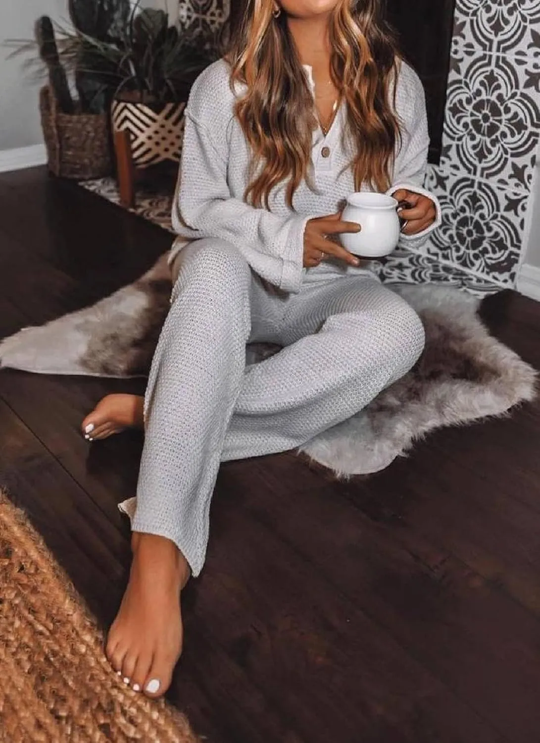 LOZ Women's 2 Piece Outfits Long Sleeve Knitted Sweater Top Wide Leg Pants Lounge Sets Tracksuits 2025 Fall Cozy Outfits