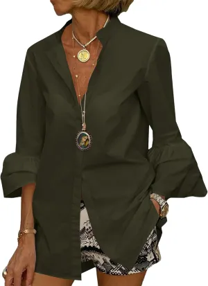 LYANER Women's Flare Long Sleeve Stand Collar Button Down Blouse Shirt Top