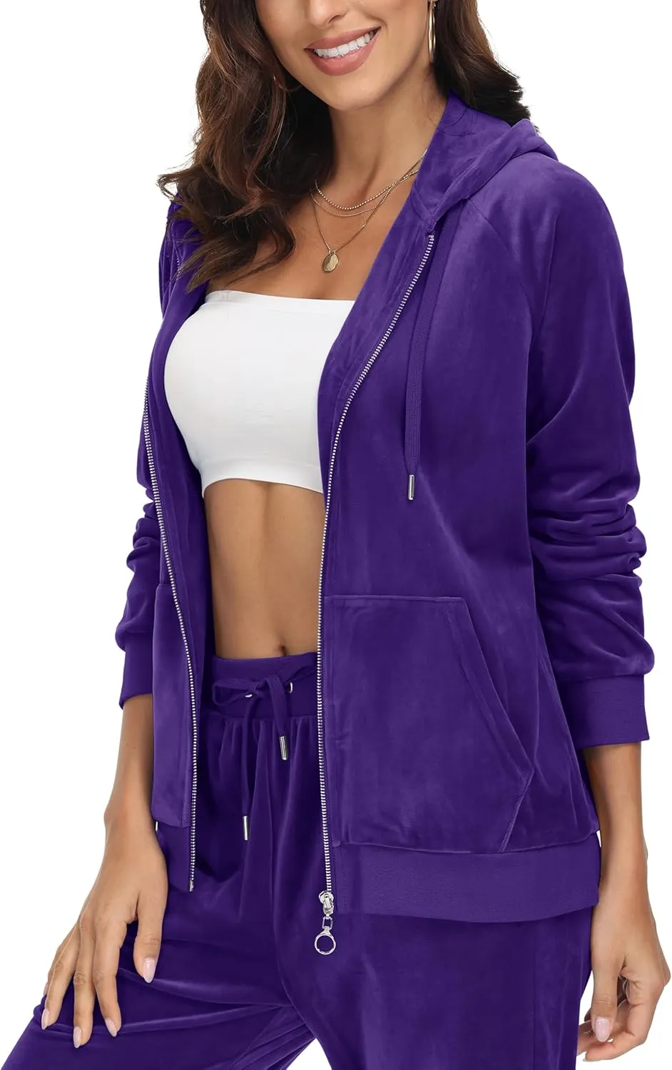 MAGCOMSEN Women's Velour Hooded Jacket Long Sleeve Full Zip Outerwear Soft Warm Velvet Jacket with Side Pockets