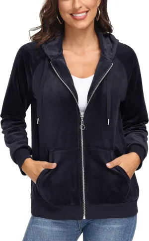 MAGCOMSEN Women's Velour Hooded Jacket Long Sleeve Full Zip Outerwear Soft Warm Velvet Jacket with Side Pockets
