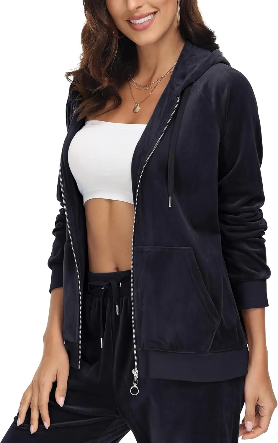 MAGCOMSEN Women's Velour Hooded Jacket Long Sleeve Full Zip Outerwear Soft Warm Velvet Jacket with Side Pockets