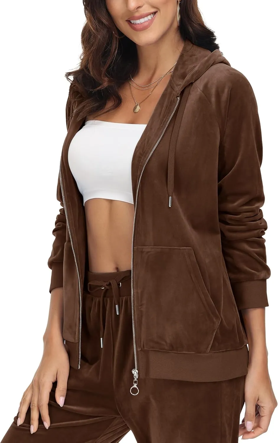MAGCOMSEN Women's Velour Hooded Jacket Long Sleeve Full Zip Outerwear Soft Warm Velvet Jacket with Side Pockets