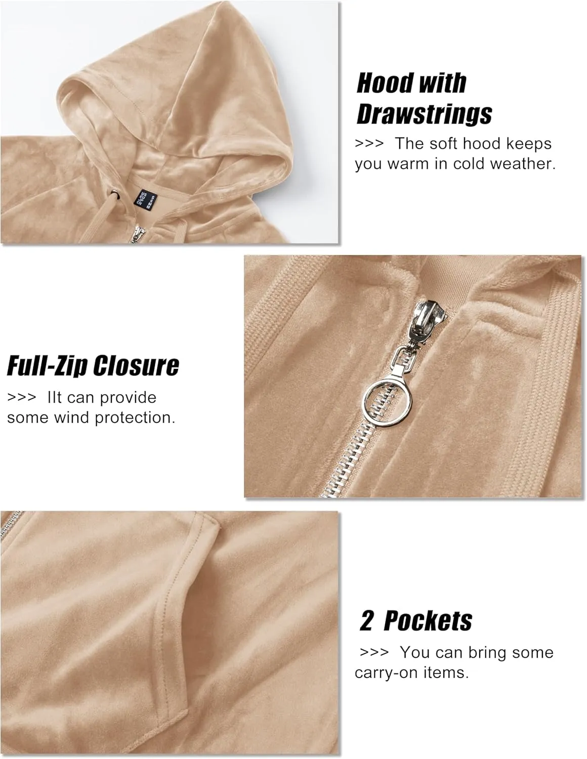 MAGCOMSEN Women's Velour Hooded Jacket Long Sleeve Full Zip Outerwear Soft Warm Velvet Jacket with Side Pockets