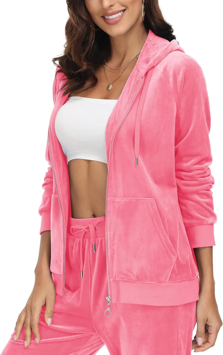 MAGCOMSEN Women's Velour Hooded Jacket Long Sleeve Full Zip Outerwear Soft Warm Velvet Jacket with Side Pockets