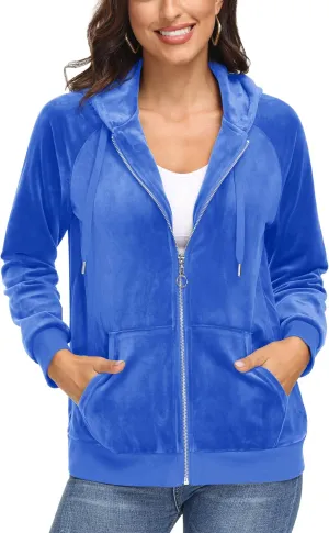 MAGCOMSEN Women's Velour Hooded Jacket Long Sleeve Full Zip Outerwear Soft Warm Velvet Jacket with Side Pockets