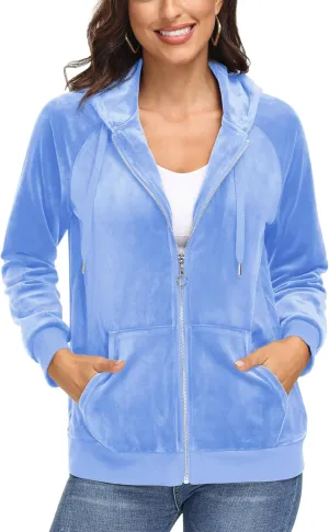 MAGCOMSEN Women's Velour Hooded Jacket Long Sleeve Full Zip Outerwear Soft Warm Velvet Jacket with Side Pockets