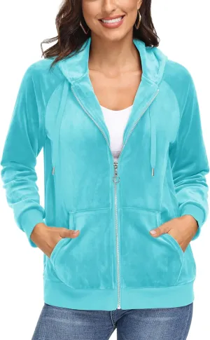 MAGCOMSEN Women's Velour Hooded Jacket Long Sleeve Full Zip Outerwear Soft Warm Velvet Jacket with Side Pockets