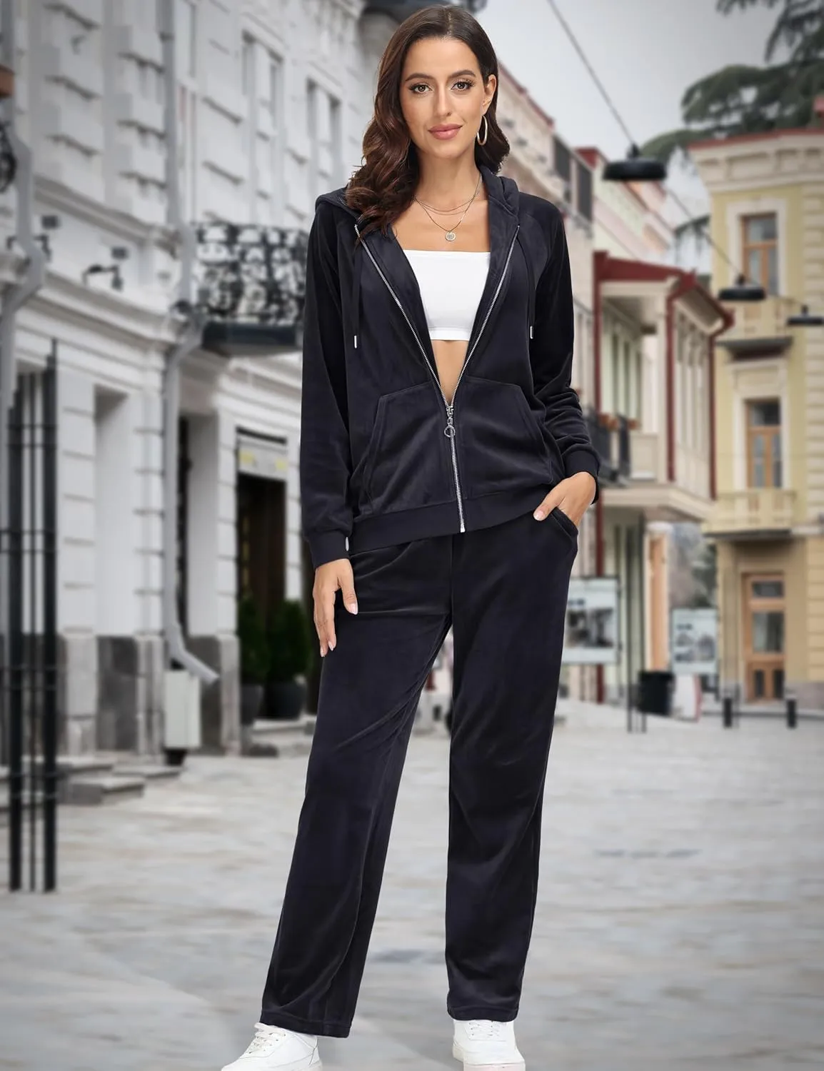 MAGCOMSEN Women's Velour Hooded Jacket Long Sleeve Full Zip Outerwear Soft Warm Velvet Jacket with Side Pockets