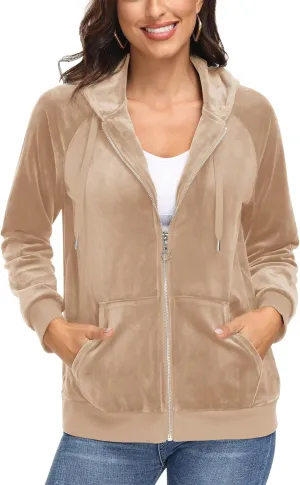 MAGCOMSEN Women's Velour Hooded Jacket Long Sleeve Full Zip Outerwear Soft Warm Velvet Jacket with Side Pockets