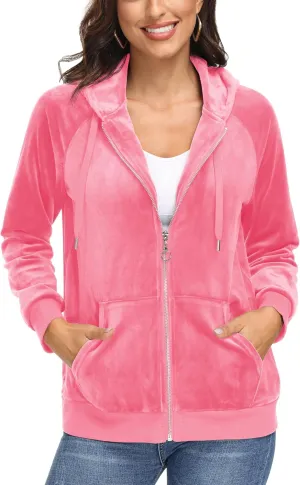 MAGCOMSEN Women's Velour Hooded Jacket Long Sleeve Full Zip Outerwear Soft Warm Velvet Jacket with Side Pockets