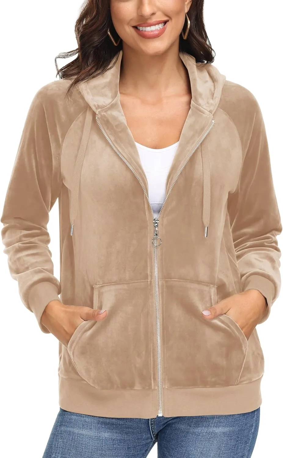 MAGCOMSEN Women's Velour Hooded Jacket Long Sleeve Full Zip Outerwear Soft Warm Velvet Jacket with Side Pockets
