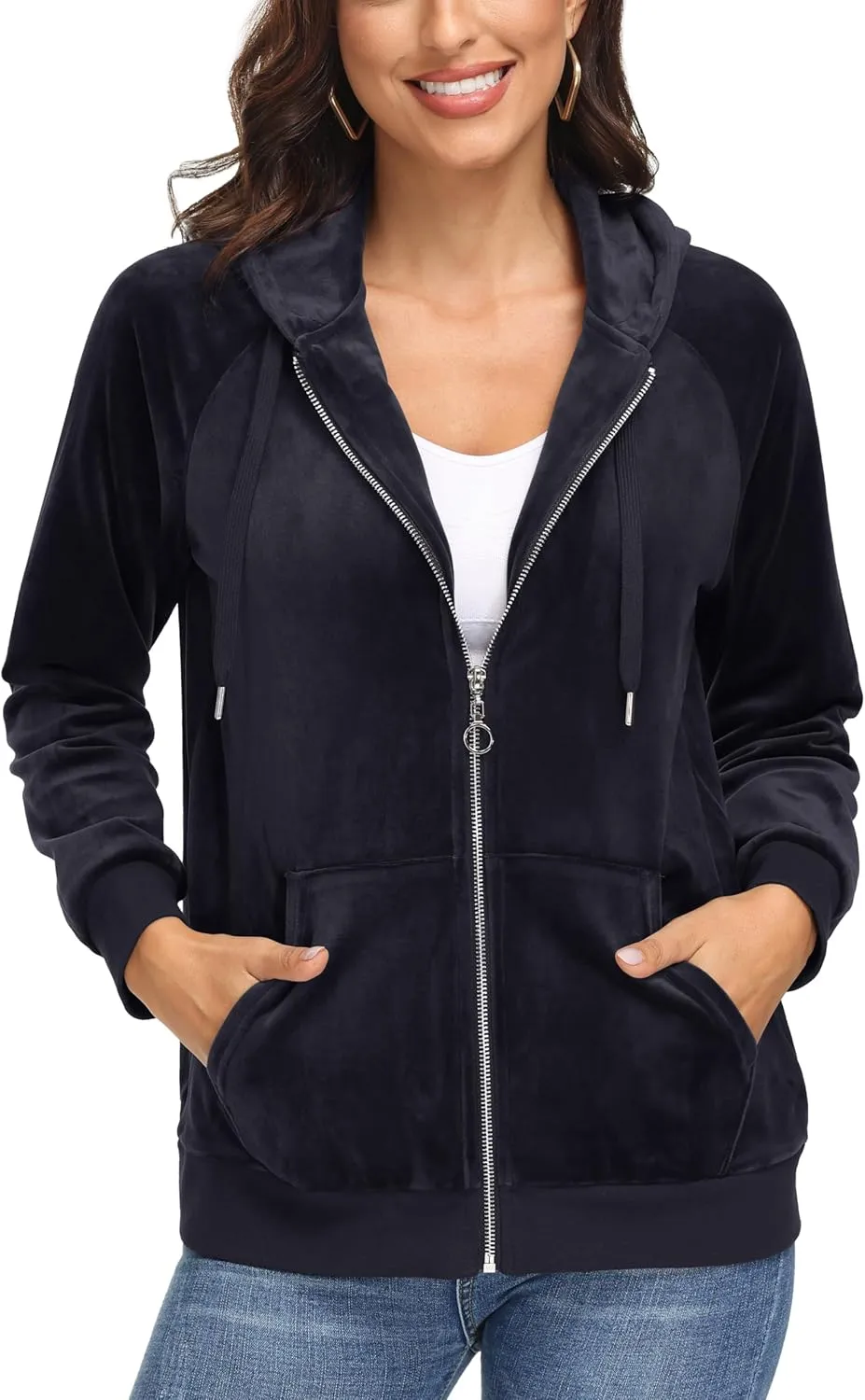 MAGCOMSEN Women's Velour Hooded Jacket Long Sleeve Full Zip Outerwear Soft Warm Velvet Jacket with Side Pockets