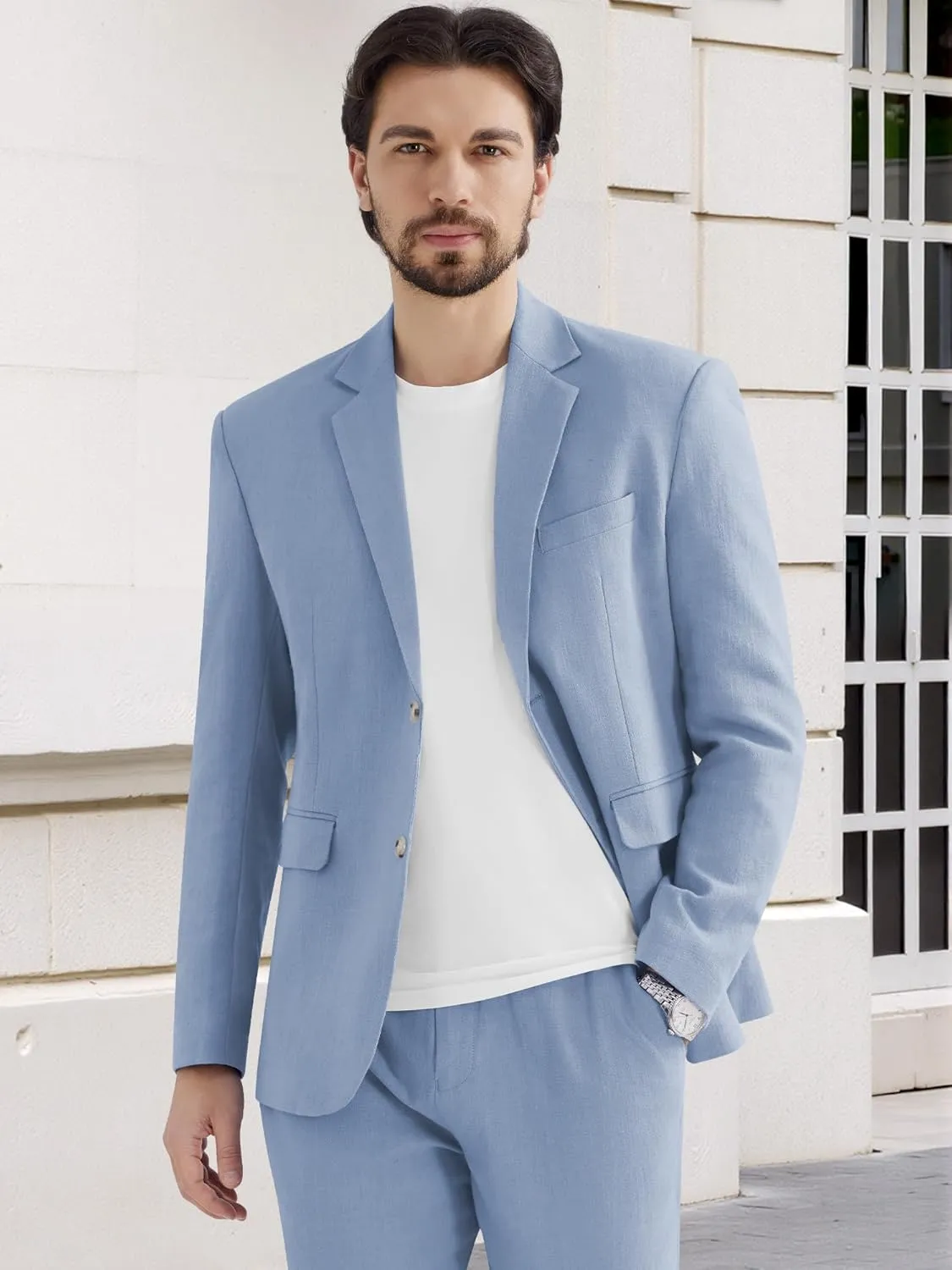 MAGE MALE Men's 2 Piece Linen Suits Set Casual Lightweight Blazer Jacket and Pants for Wedding Business Prom