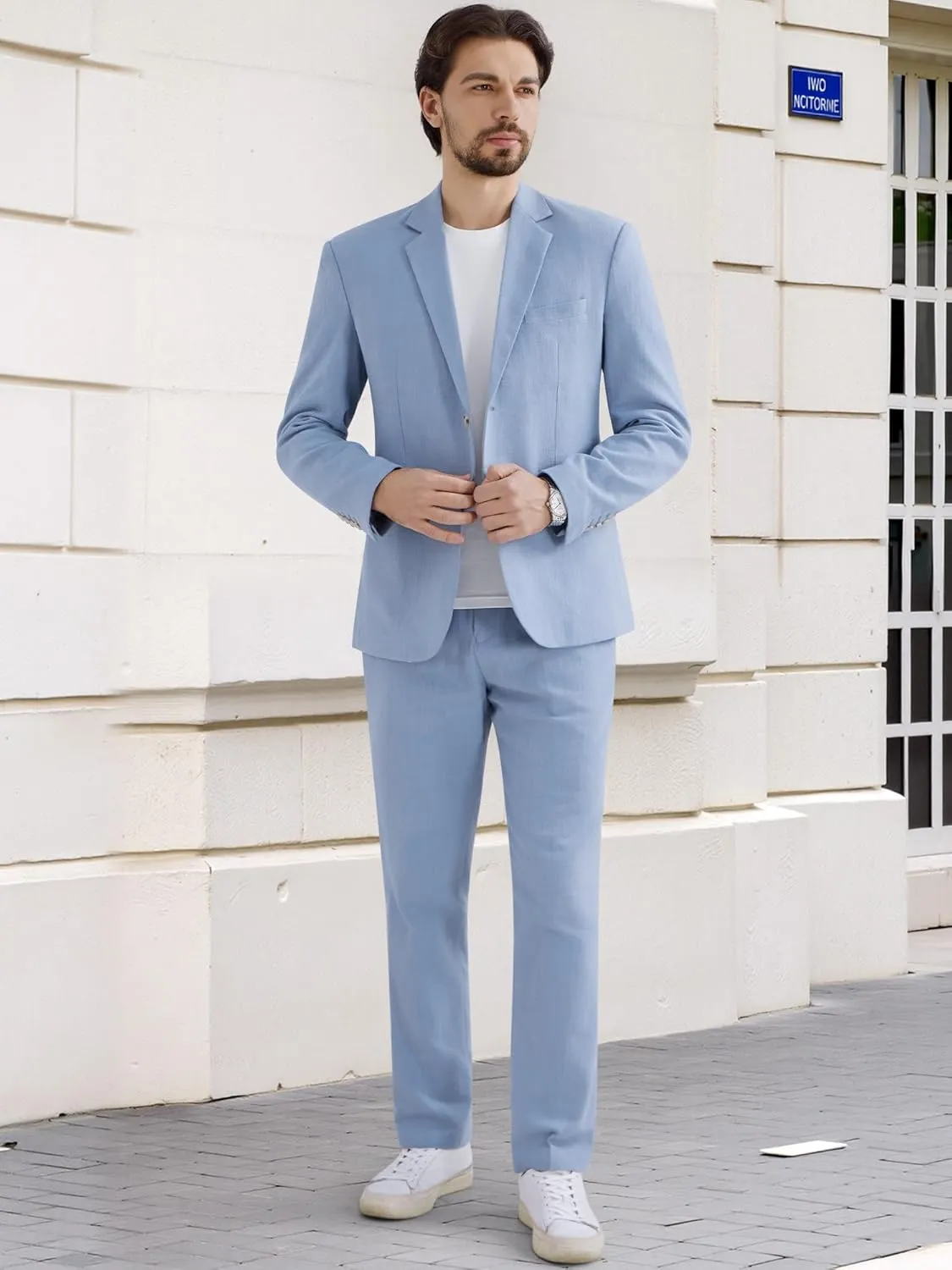 MAGE MALE Men's 2 Piece Linen Suits Set Casual Lightweight Blazer Jacket and Pants for Wedding Business Prom
