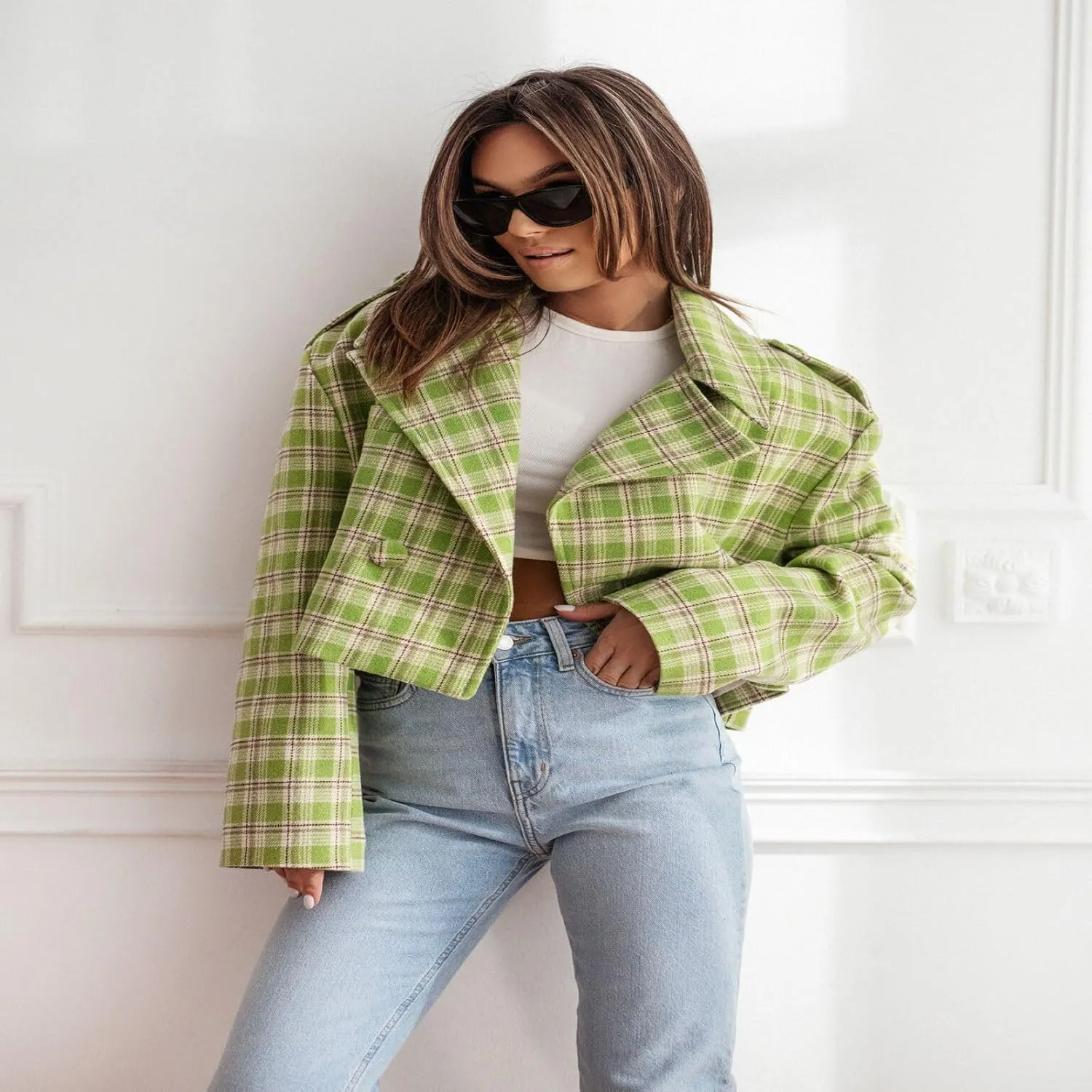 Mandonce Women's Classic Notched Collar Wool Blend Long Trench Coat Women's Fashion Cropped Flannel