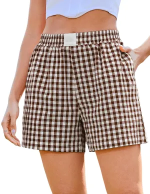 Marvmys Womens Boxer Shorts Cotton Plaid Gingham Shorts Summer Elastic Waist Pajama Buttoms with Pockets