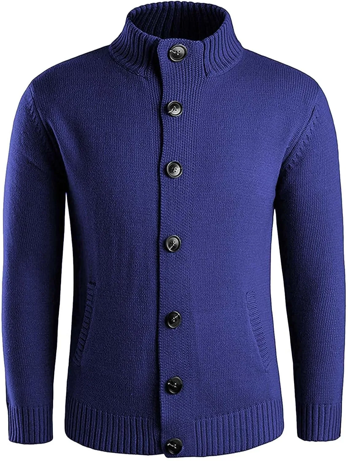 Men's Casual Stand Collar Cardigan Warm Button Solid Color Slim Fit Sweater Fall Winter Clothes with Pockets