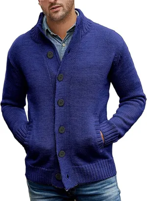 Men's Casual Stand Collar Cardigan Warm Button Solid Color Slim Fit Sweater Fall Winter Clothes with Pockets
