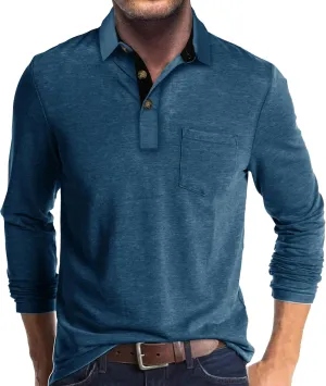 Mens Long Sleeve Polo Shirts Casual Fashion Button Up Collared Golf T Shirts with Pocket
