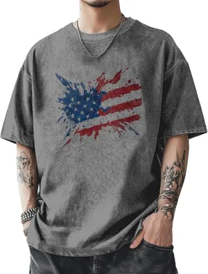 Men's Patriotic American Flag T-Shirts Cotton Short Sleeve Crewneck Graphic Oversized Loose Fit Shirt Top for Men