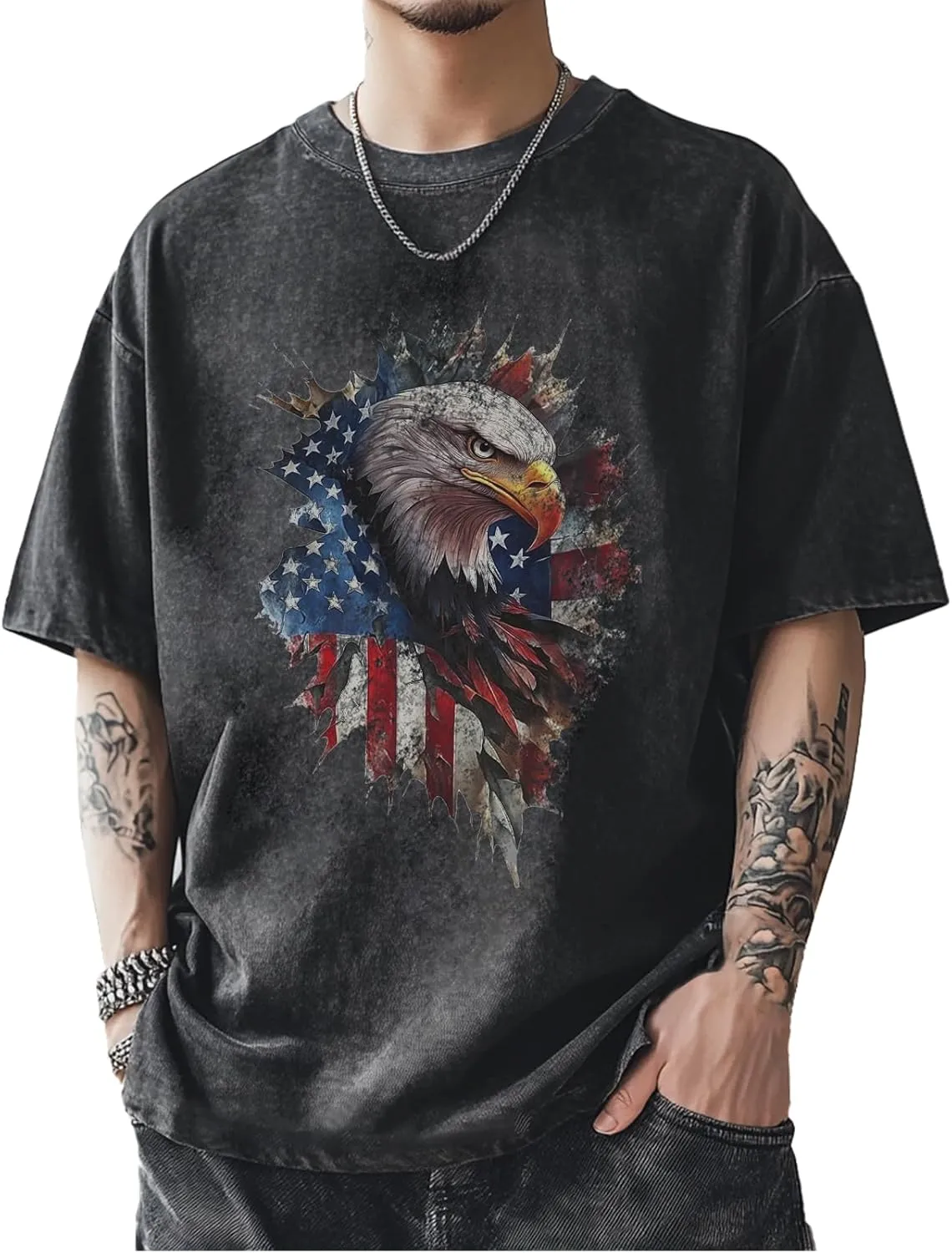 Men's Patriotic American Flag T-Shirts Cotton Short Sleeve Crewneck Graphic Oversized Loose Fit Shirt Top for Men