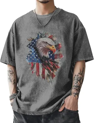 Men's Patriotic American Flag T-Shirts Cotton Short Sleeve Crewneck Graphic Oversized Loose Fit Shirt Top for Men