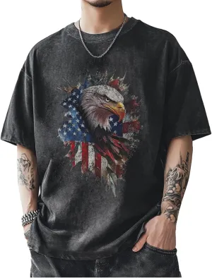 Men's Patriotic American Flag T-Shirts Cotton Short Sleeve Crewneck Graphic Oversized Loose Fit Shirt Top for Men