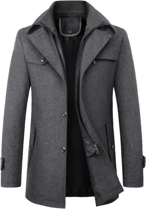 Men's Wool Blend Pea Coat Gentle Layered Collar Single Breasted Quilted Lined Jacket Winter Warm Business Coat