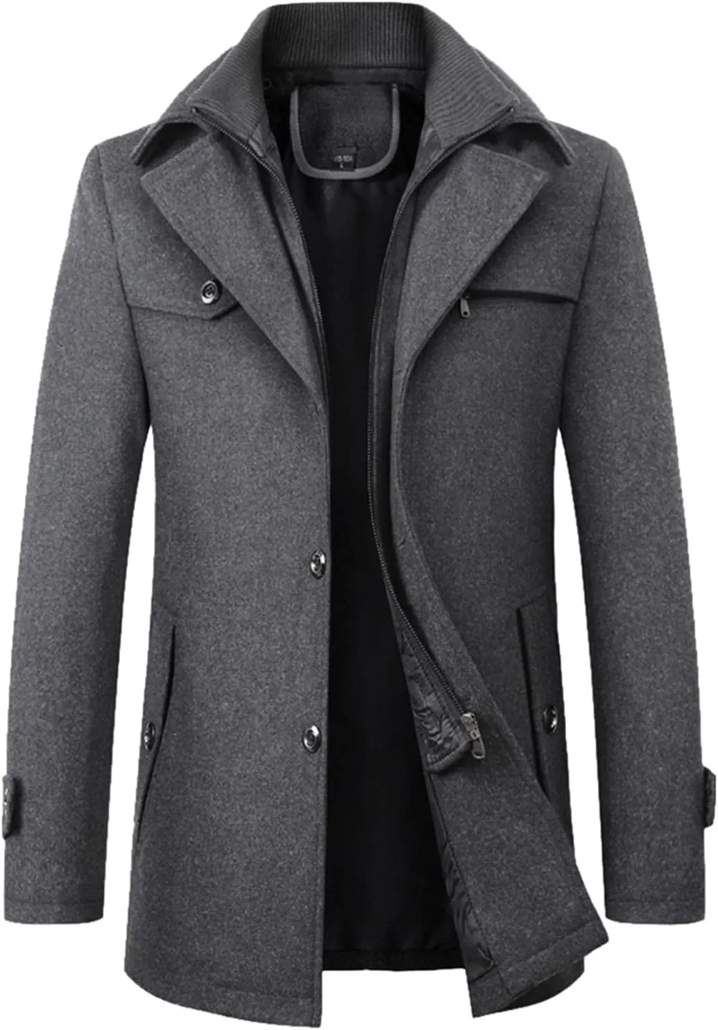 Men's Wool Blend Pea Coat Gentle Layered Collar Single Breasted Quilted Lined Jacket Winter Warm Business Coat