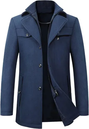 Men's Wool Blend Pea Coat Gentle Layered Collar Single Breasted Quilted Lined Jacket Winter Warm Business Coat