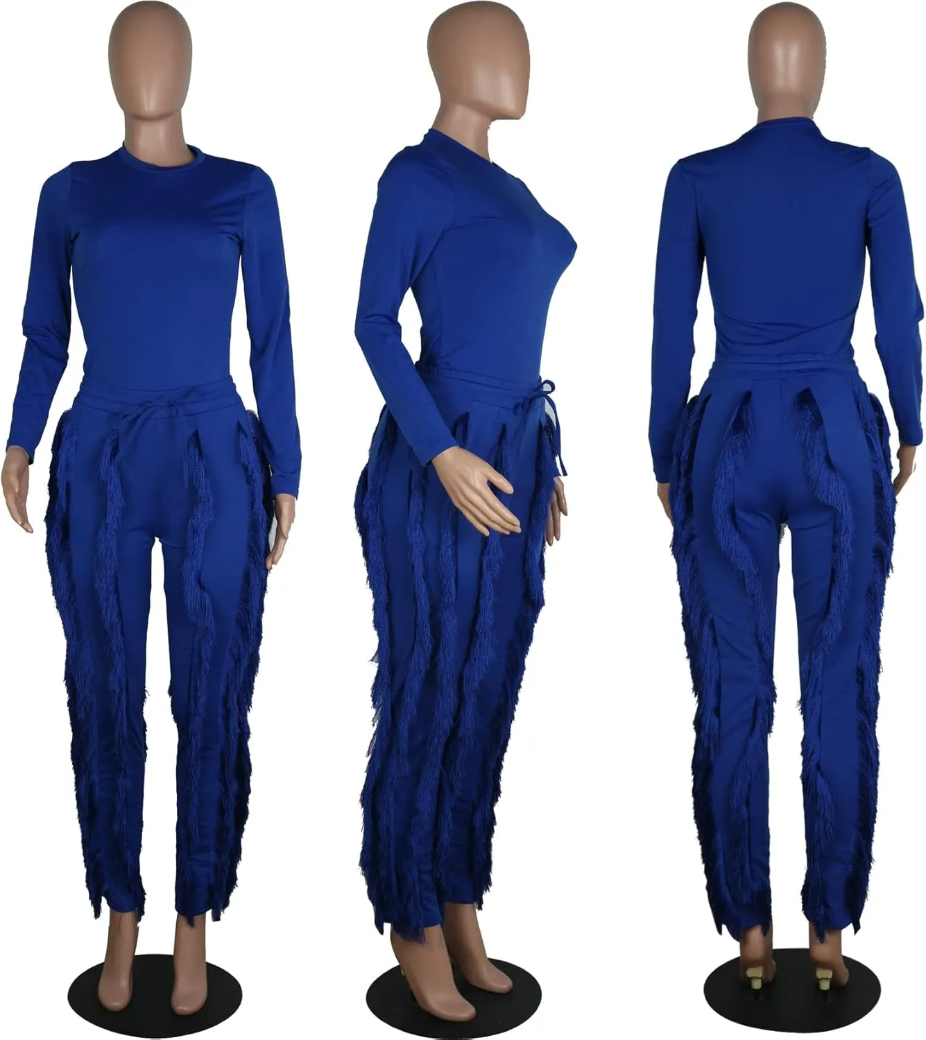 MESLIMA Casual 2 Pieces Outfits for Women Round Collar Long Sleeve Bodysuits with Fringe Long Pants Set Jumpsuits