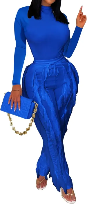 MESLIMA Casual 2 Pieces Outfits for Women Round Collar Long Sleeve Bodysuits with Fringe Long Pants Set Jumpsuits
