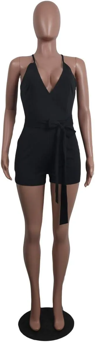 MESLIMA Women's Summer Sleeveless Short Romper Sexy Strap V Neck Wrap Front Tie Casual One Piece Jumpsuit